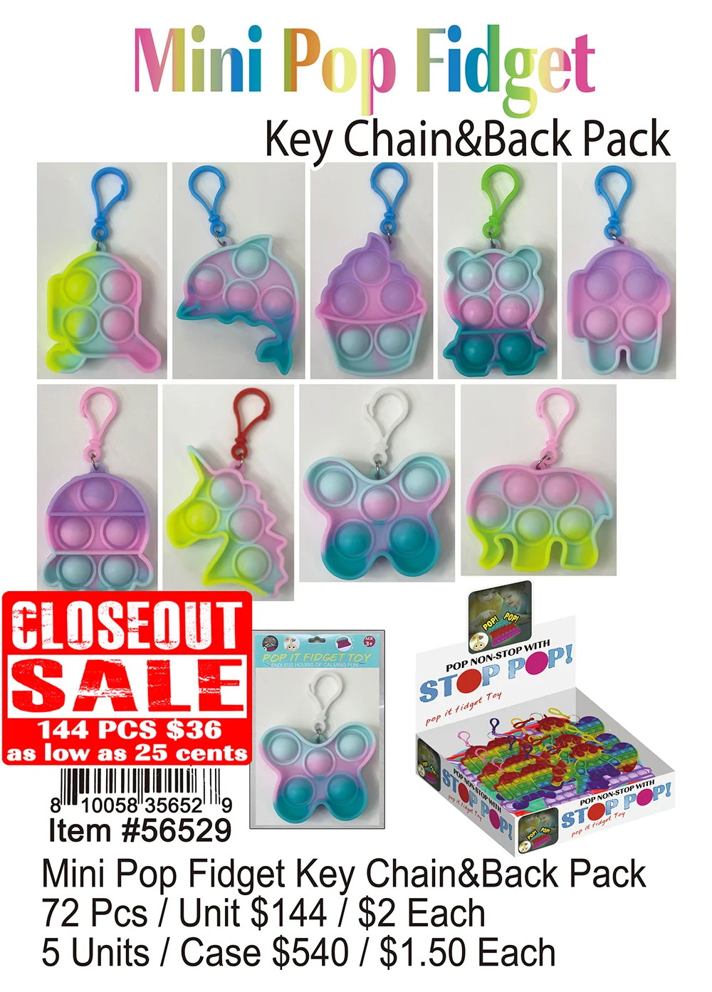 Mini Pop Fidget Keychain and Backpack - Closeout 144 Pcs.